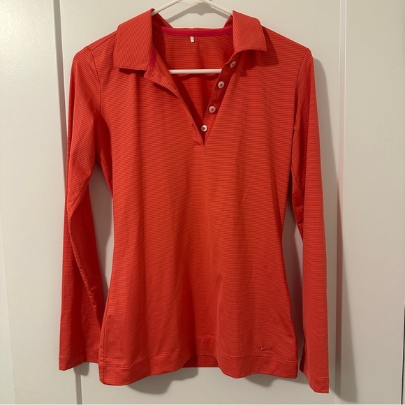 Nike Tops - Nike Coral Pink Striped Long Sleeve Golf Polo Size XS Women’s